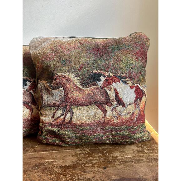 Pair of Vintage Horse Tapestry Throw Pillows | Set of 2 Equestrian Pillows - Picture 2 of 3